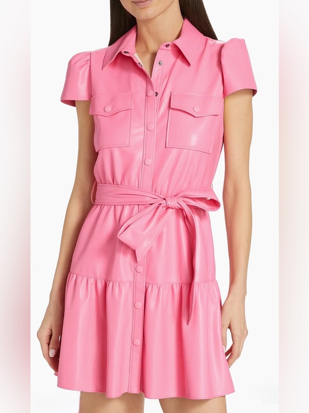 ALICE + OLIVIA Miranda Vegan Leather Mini Dress Pink Puff Sleeve Shirt Dress 4